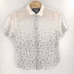 Carbon 2 Cobalt Shirt Mens Large White Linen Gradient Blue Floral Button Up